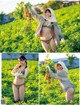 A woman in a bikini holding a bunch of potatoes.