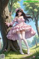 A girl in a pink dress leaning against a tree.